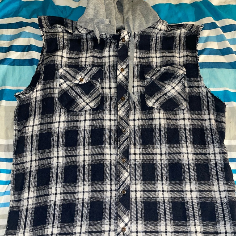 Blue Gear button up/ hoodie homemade cut-offs